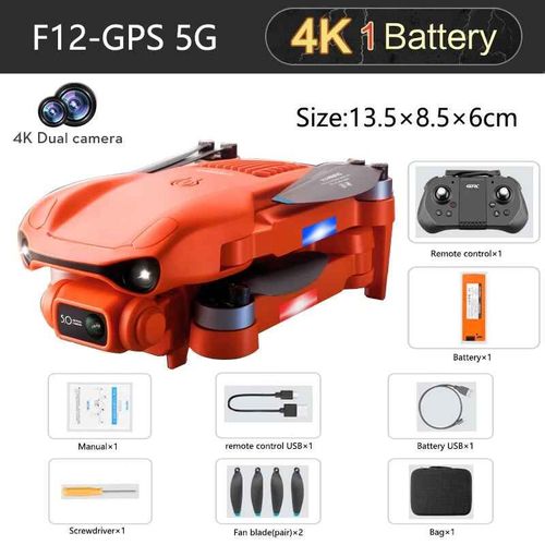Drone Professionnel F12 Gps 4k 6k Hd Grand Angle Esc Camra Wifi Fpv Rc Hlicoptre Brushless Pliable Quadcopter Drones,2024 - Type 4k Orange 1b Bag
