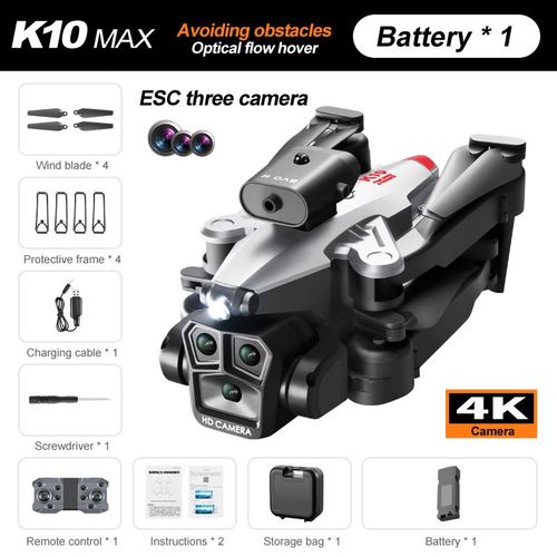 Drone Professionnel K11 Max Avec Trois Camras Hd,Lancement De Bombes  Eau Fpv,Moteur Sans Balais,Jouets De Importateur Quadrirotor Rc,Cadeau Pliable,8k - Type K10-Grey