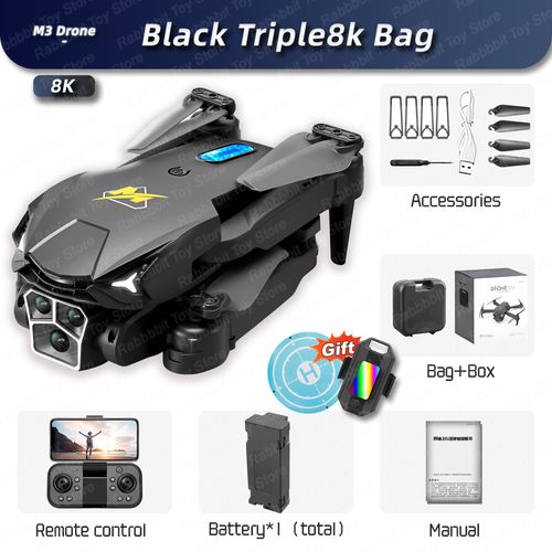 Drone Professionnel M3 8k,Triple Camra 8k Esc Wifi Fpv,vitement D'obstacles,Quatre Axes Pliant Rc,Photographie Arienne,Jouet,Tablier,Vente - Type Black Triple8k Bag