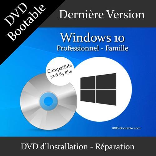 DVD Bootable Windows 10 PRO/Famille + Guide PDF d'utilisation - Installation/Rparation/Mise  niveau