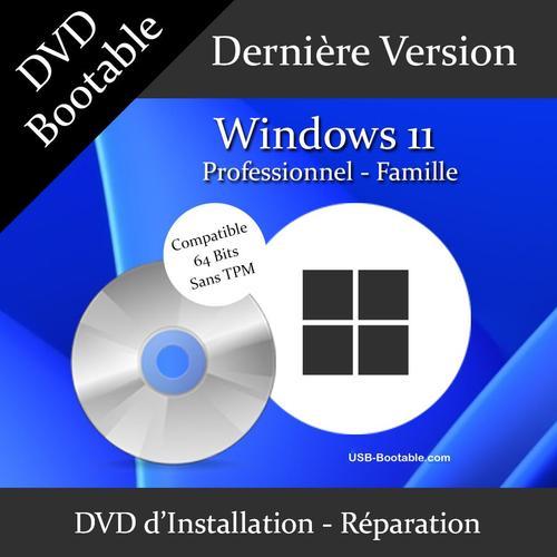 DVD Bootable Windows 11 PRO/Famille sans TPM + Guide PDF d'utilisation - Installation/Rparation/Mise  niveau