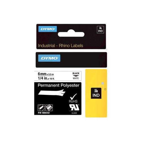Dymo Rhino Permanent Polyester - Ruban Adhsif Permanent En Polyester - Noir Sur Blanc - Rouleau (0,6 Cm X 5,5 Cm) 1 Rouleau(X) - Pour Rhino 6000, 6000 Hard Case Kit