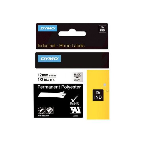 Dymo Rhinopro Permanent Polyester - Ruban Adhsif Permanent En Polyester - Noir Sur Transparent - Rouleau (1,2 Cm X 5,5 M) 1 Rouleau(X) - Pour Rhino 4200, 6000, 6000 Hard Case Kit; Rhinopro