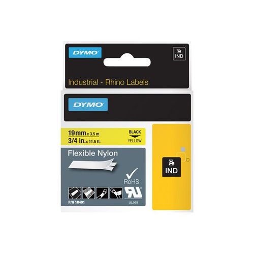Dymo - Ruban En Nylon Flexible - Noir Sur Jaune - Roll (1.9 Cm X 3.5 M) 1 Rouleau(X) - Pour Rhino 4200, 6000, 6000 Hard Case Kit; Rhinopro 5000