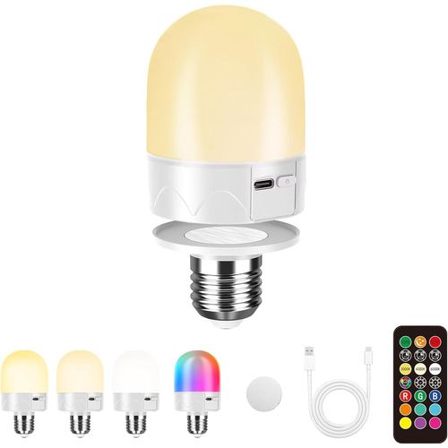 E27 Ampoule Rechargeable Avec Tlcommande,Usb Ampoule  Piles Pour Lampe,Ampoule Rgb Couleur,12 Couleurs  Temprature Dimmable,3 Minuteries,Veilleuse Sans Fil,800lm,2200mah,1 Pack