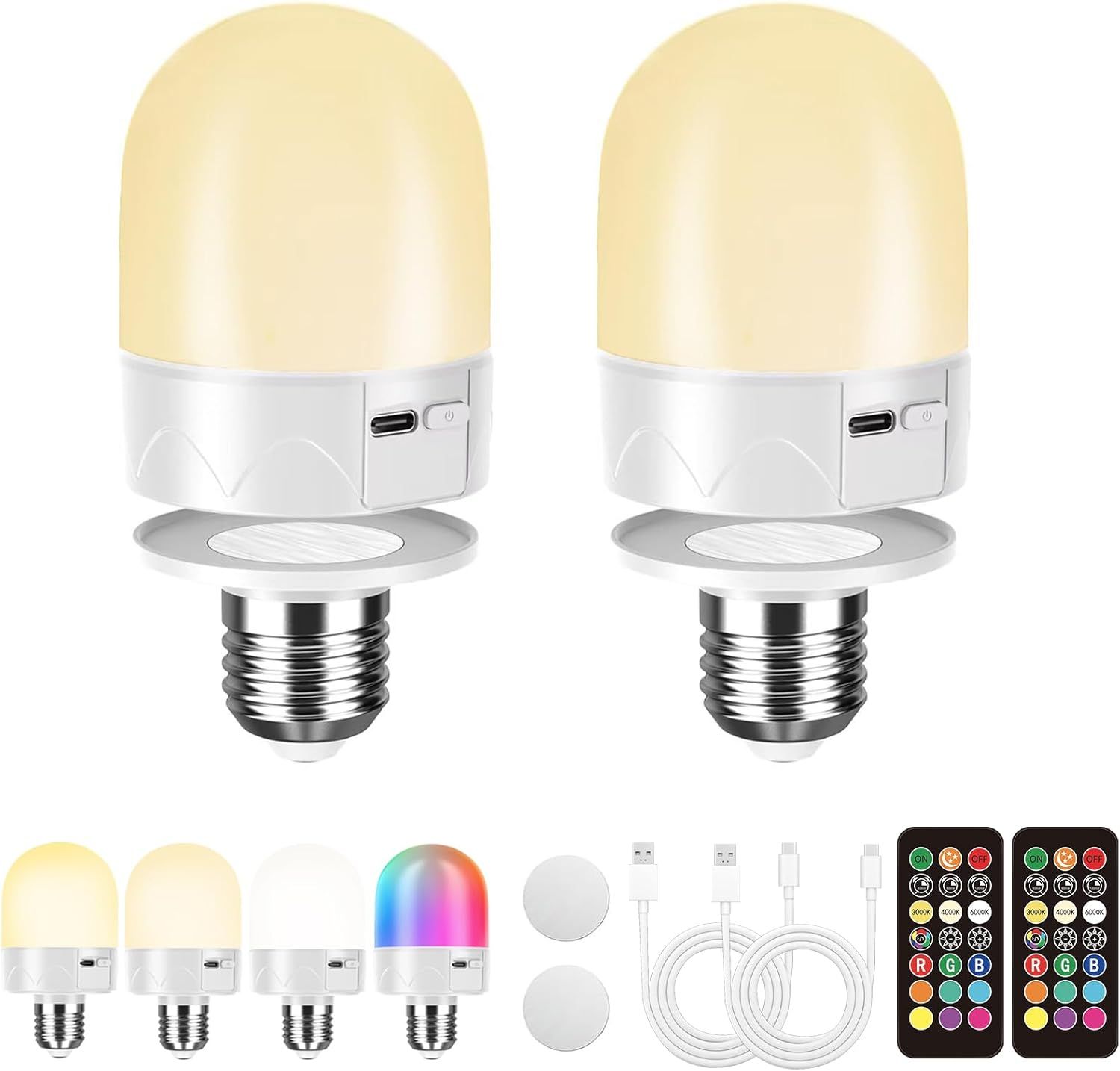 E27 Ampoule Rechargeable Avec Tlcommande,Usb Ampoule  Piles Pour Lampe,Ampoule Rgb Couleur,12 Couleurs  Temprature Dimmable,3 Minuteries,Veilleuse Sans Fil,800lm,2200mah,2 Pack
