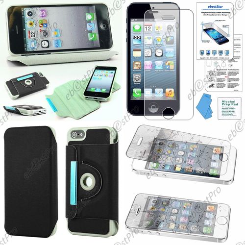 Ebeststar  Coque Etui Pu Cuir Housse Rotative Support  Rotation 36 Pour Apple Iphone 5s, 5, Couleur Noir + 1 Film Verre Tremp