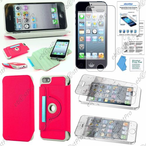 Ebeststar  Coque Etui Pu Cuir Housse Rotative Support  Rotation 36 Pour Apple Iphone 5s, 5, Couleur Rose + 1 Film Verre Tremp