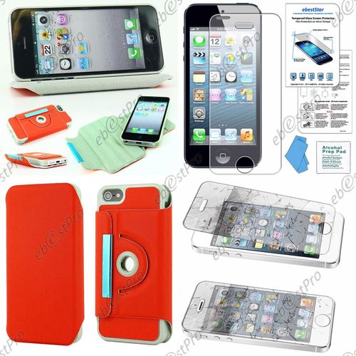 Ebeststar  Coque Etui Pu Cuir Housse Rotative Support  Rotation 36 Pour Apple Iphone 5s, 5, Couleur Rouge + 1 Film Verre Tremp