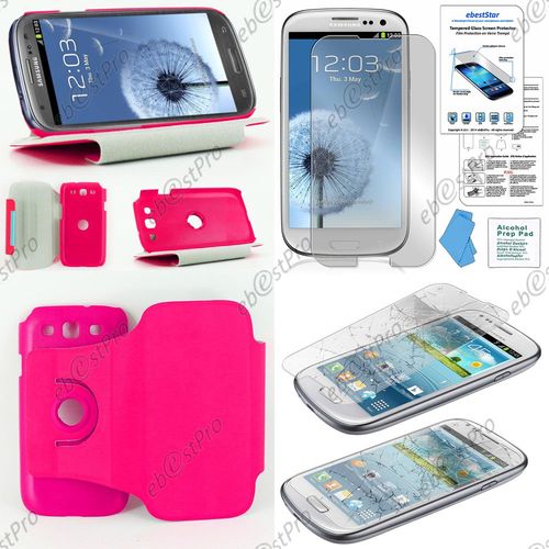 Ebeststar  Coque Etui Pu Cuir Housse Rotative Support  Rotation 36 Pour Samsung Galaxy S3 I9300 I9305, Couleur Rose + 1 Film Verre Tremp