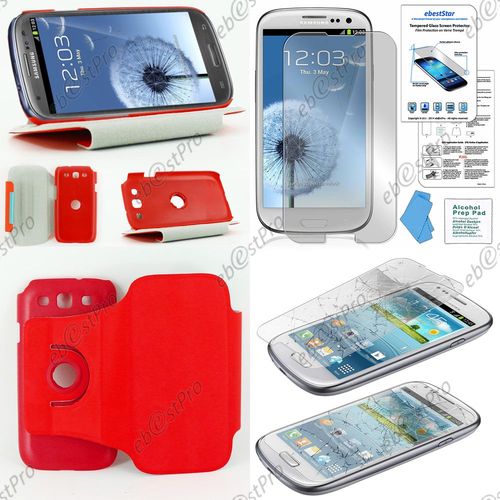 Ebeststar  Coque Etui Pu Cuir Housse Rotative Support  Rotation 36 Pour Samsung Galaxy S3 I9300 I9305, Couleur Rouge + 1 Film Verre Tremp
