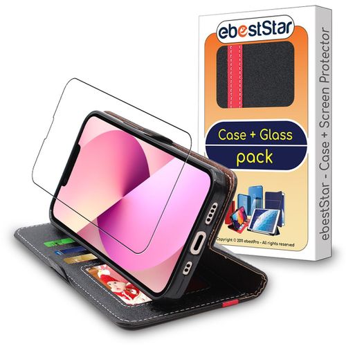 Ebeststar - Coque + Film Vitre En Verre Tremp Iphone 13 Mini Etui Portefeuille Pu Cuir Porte-Cartes, Noir / Rouge [Dimensions Precises Smartphone : 131.5 X 64.2 X 7.65 Mm, cran 5.4''] [Nb: Lire Description]