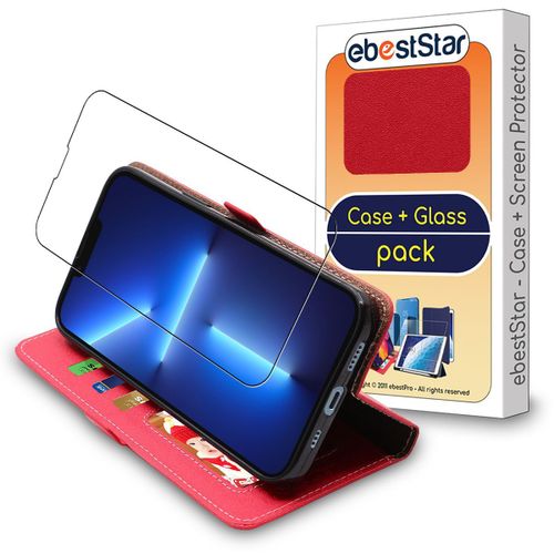 Ebeststar - Coque + Film Vitre En Verre Tremp Iphone 13 Pro Etui Portefeuille Pu Cuir Porte-Cartes, Rouge [Dimensions Precises Smartphone : 146.7 X 71.5 X 7.65 Mm, cran 6.1''] [Nb: Lire Description]
