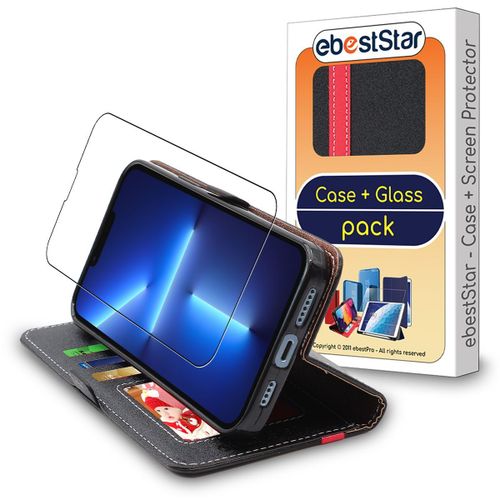 Ebeststar - Coque + Film Vitre En Verre Tremp Iphone 13 Pro Max Etui Portefeuille Pu Cuir Porte-Cartes, Noir / Rouge [Dimensions Precises Smartphone : 160.8 X 78.1 X 7.65 Mm, cran 6.7''] [Nb: Lire Description]