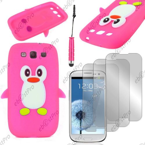 Ebeststar  Etui Housse Coque Pingouin Silicone Souple Design Fun Pour Samsung Galaxy S3 I9300 I9305, Couleur Rose + Mini Stylet 3 Film