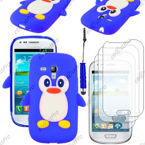 Ebeststar  Etui Housse Coque Pingouin Silicone Souple Design Fun Pour Samsung Galaxy S3 Mini Gt-I8190, I8190n, Couleur Bleu + Mini Stylet 3 Film