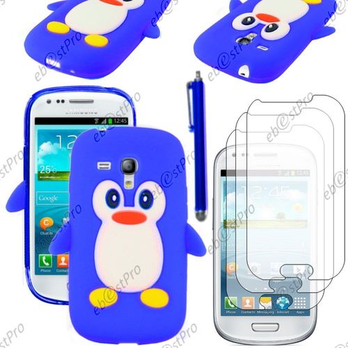 Ebeststar  Etui Housse Coque Pingouin Silicone Souple Design Fun Pour Samsung Galaxy S3 Mini Gt-I8190, I8190n, Couleur Bleu + Stylet 3 Film