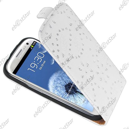 Ebeststar  Etui Pu Cuir  Rabat Avec Strass Housse Coque Ultra Slim Pour Samsung Galaxy S3 I9300 I9305, Couleur Blanc [Dimensions Precises De Votre Appareil : 136.6 X 70.8 X 8.6 Mm, cran 4.8'']