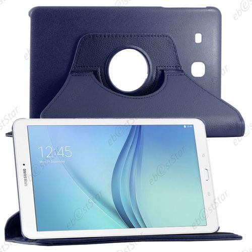 Ebeststar   Etui Pu Cuir Coque Housse Rotative 360 Pour Samsung Galaxy Tab E 9.6 T560, T561 + Verre, Couleur Bleu Fonc [Dimensions Precises De Votre Appareil : 241.9 X 149.5 X 8.5 Mm, cran 9.6'']