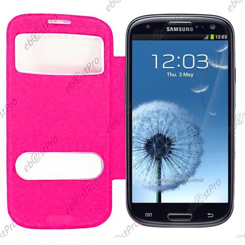 Ebeststar Film Verre Tremp + Housse Pochette Protection Coque Etui Type S-View Pour Samsung Galaxy S3 I9300 I9305, Couleur Rose