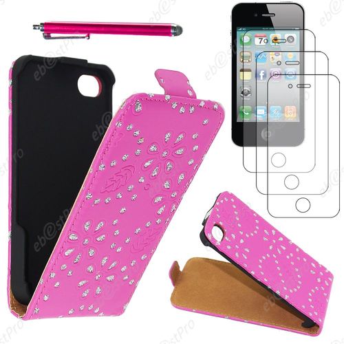 Ebeststar  Housse Coque Etui En Pu Cuir  Rabat Ultra Fine (Slim Case) Avec Strass Pour Apple Iphone 4s, 4, Couleur Rose + Stylet 3 Film