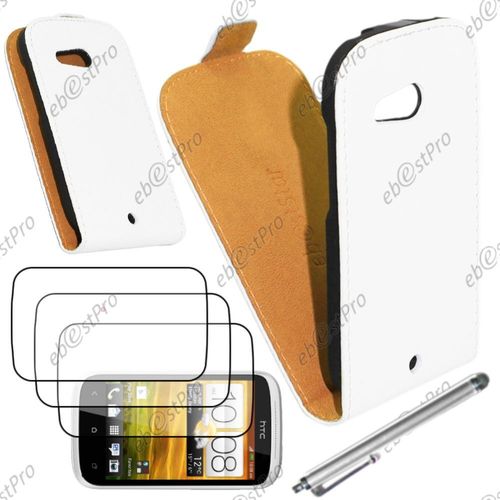 Ebeststar  Housse Coque Etui En Pu Cuir  Rabat Ultra Fine (Slim Case) Pour Htc Desire C, A320, Couleur Blanc + Stylet 3 Film