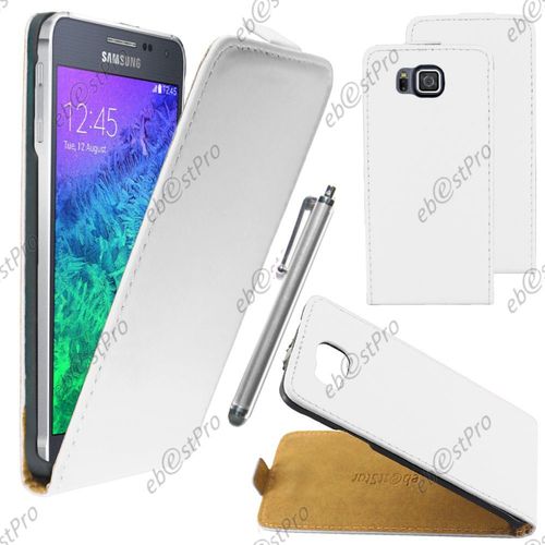 Ebeststar  Housse Coque Etui En Pu Cuir  Rabat Ultra Fine (Slim Case) Pour Samsung Galaxy Alpha Sm-G850f, Couleur Blanc + Stylet + Film Protection D'cran