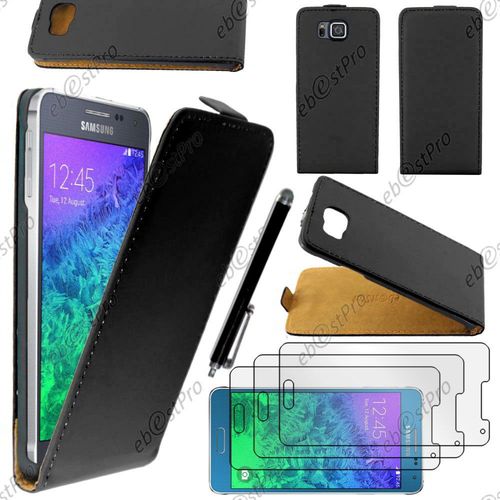 Ebeststar  Housse Coque Etui En Pu Cuir  Rabat Ultra Fine (Slim Case) Pour Samsung Galaxy Alpha Sm-G850f, Couleur Noir + Stylet 3 Film