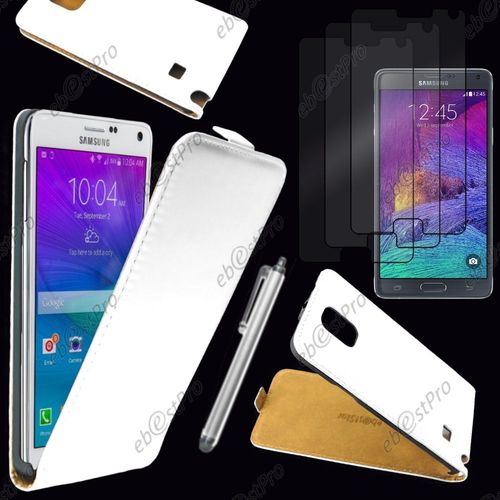 Ebeststar  Housse Coque Etui En Pu Cuir  Rabat Ultra Fine (Slim Case) Pour Samsung Galaxy Note 4 N910f, Couleur Blanc + Stylet 3 Film
