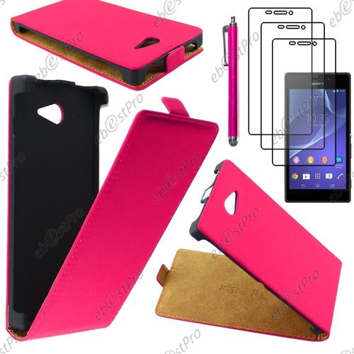 Ebeststar  Housse Coque Etui En Pu Cuir  Rabat Ultra Fine (Slim Case) Pour Sony Xperia M2 D2302 D2303, Couleur Rose + Stylet 3 Film