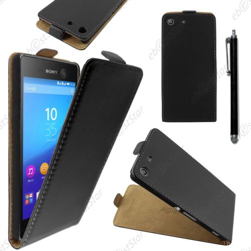 Ebeststar  Housse Coque Etui En Pu Cuir  Rabat Ultra Fine (Slim Case) Pour Sony Xperia M5, M5 Dual, Couleur Noir + Stylet + 1 Film Protection D'cran + Lingette