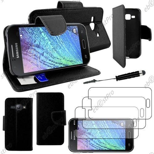 Ebeststar  Housse Coque Etui Portefeuille Folio Book Livre Simili Cuir Pour Samsung Galaxy J1 Sm-J100f, Couleur Noir + Mini Stylet 3 Film