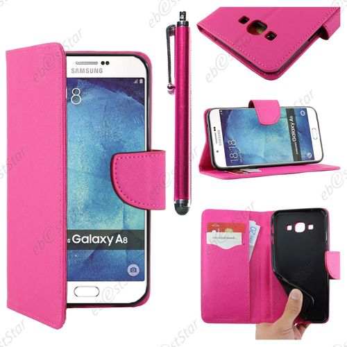 Ebeststar  Housse Coque Etui Portefeuille Support Folio Simi Cuir Pour Samsung Galaxy A8 Sm-A800f, Couleur Rose + Stylet + 1 Film Protection D'cran + Lingette