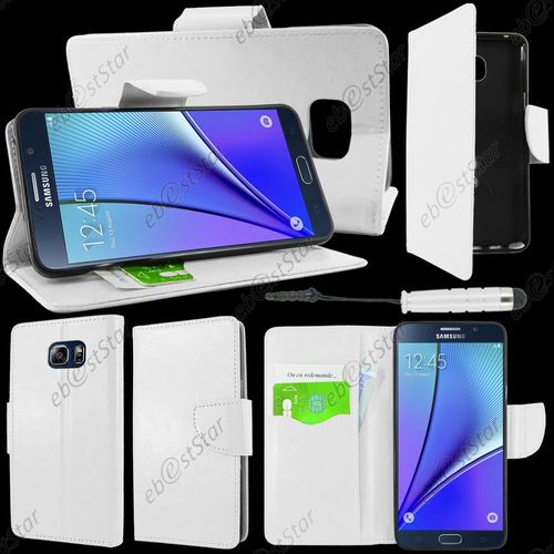 Ebeststar  Housse Coque Etui Portefeuille Support Folio Simi Cuir Pour Samsung Galaxy Note5 Sm-N920f Note 5, Couleur Blanc + Mini Stylet + 1 Film Protection D'cran + Lingette