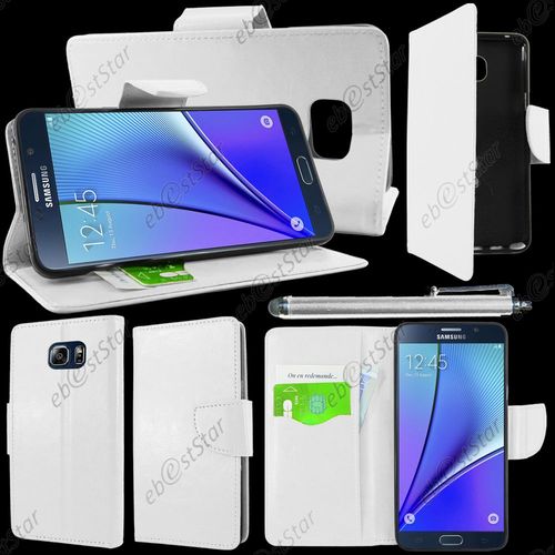 Ebeststar  Housse Coque Etui Portefeuille Support Folio Simi Cuir Pour Samsung Galaxy Note5 Sm-N920f Note 5, Couleur Blanc + Stylet + 1 Film Protection D'cran + Lingette