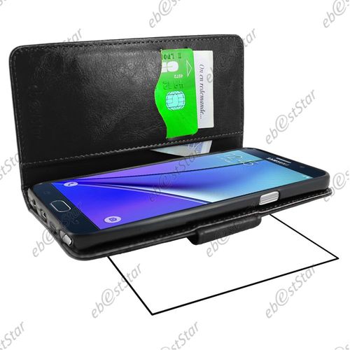 Ebeststar  Housse Coque Etui Portefeuille Support Folio Simi Cuir Pour Samsung Galaxy Note5 Sm-N920f Note 5, Couleur Noir + 1 Film Protection D'cran + Lingette