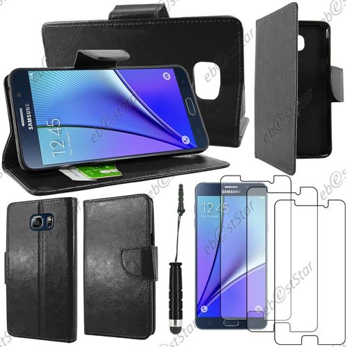 Ebeststar  Housse Coque Etui Portefeuille Support Folio Simi Cuir Pour Samsung Galaxy Note5 Sm-N920f Note 5, Couleur Noir + Mini Stylet 3 Film Plastique