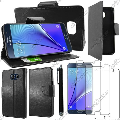 Ebeststar  Housse Coque Etui Portefeuille Support Folio Simi Cuir Pour Samsung Galaxy Note5 Sm-N920f Note 5, Couleur Noir + Stylet 3 Film Plastique