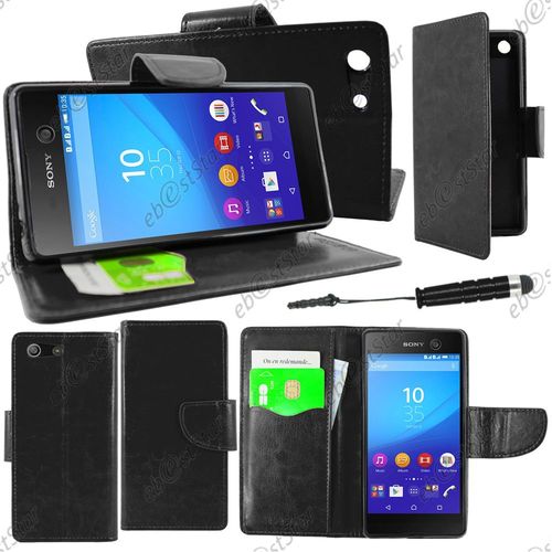 Ebeststar  Housse Coque Etui Portefeuille Support Folio Simi Cuir Pour Sony Xperia M5, M5 Dual, Couleur Noir + Mini Stylet + 1 Film Protection D'cran + Lingette