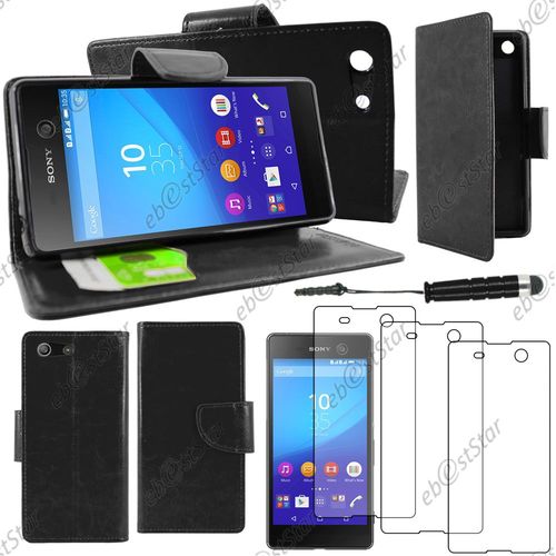 Ebeststar  Housse Coque Etui Portefeuille Support Folio Simi Cuir Pour Sony Xperia M5, M5 Dual, Couleur Noir + Mini Stylet 3 Film Plastique