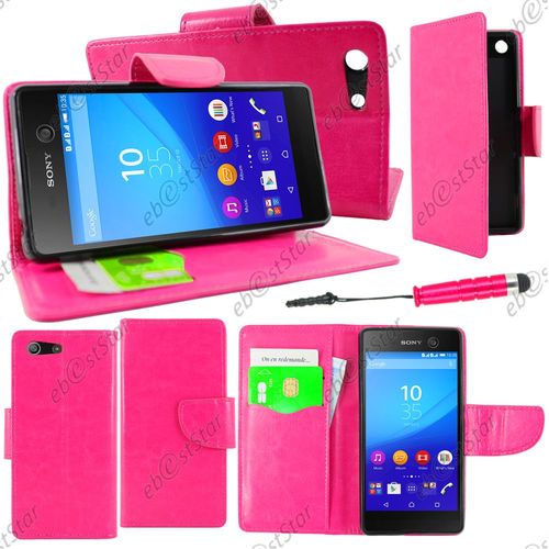 Ebeststar  Housse Coque Etui Portefeuille Support Folio Simi Cuir Pour Sony Xperia M5, M5 Dual, Couleur Rose + Mini Stylet + 1 Film Protection D'cran + Lingette