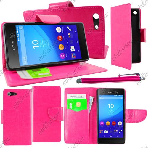 Ebeststar  Housse Coque Etui Portefeuille Support Folio Simi Cuir Pour Sony Xperia M5, M5 Dual, Couleur Rose + Stylet + 1 Film Protection D'cran + Lingette