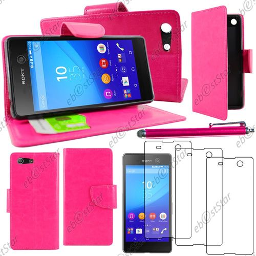 Ebeststar  Housse Coque Etui Portefeuille Support Folio Simi Cuir Pour Sony Xperia M5, M5 Dual, Couleur Rose + Stylet 3 Film Plastique