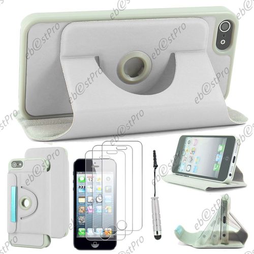 Ebeststar  Housse Coque Etui Pu Cuir Rotatif Avec Support  Rotation 360 Pour Apple Iphone 5s, 5, Couleur Blanc + Mini Stylet 3 Film