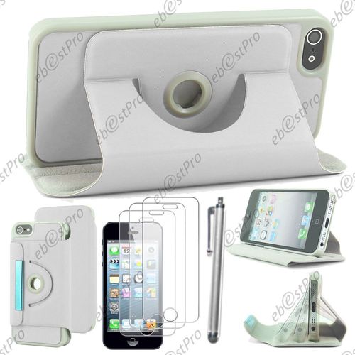 Ebeststar  Housse Coque Etui Pu Cuir Rotatif Avec Support  Rotation 360 Pour Apple Iphone 5s, 5, Couleur Blanc + Stylet 3 Film