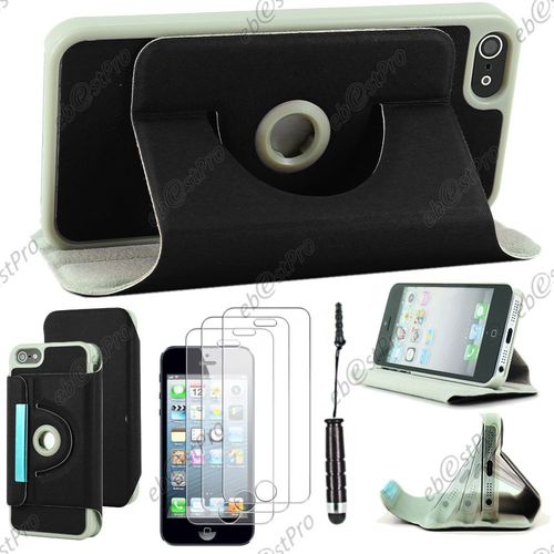 Ebeststar  Housse Coque Etui Pu Cuir Rotatif Avec Support  Rotation 360 Pour Apple Iphone 5s, 5, Couleur Noir + Mini Stylet 3 Film