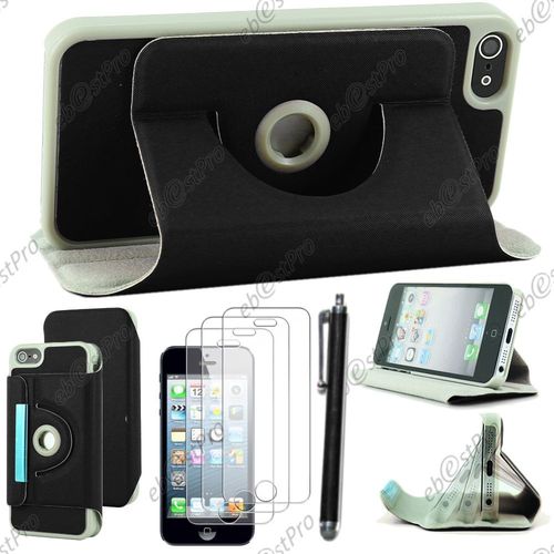 Ebeststar  Housse Coque Etui Pu Cuir Rotatif Avec Support  Rotation 360 Pour Apple Iphone 5s, 5, Couleur Noir + Stylet 3 Film