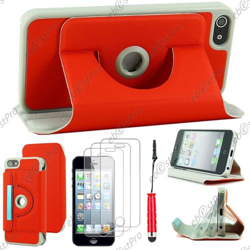 Ebeststar  Housse Coque Etui Pu Cuir Rotatif Avec Support  Rotation 360 Pour Apple Iphone 5s, 5, Couleur Rouge + Mini Stylet 3 Film