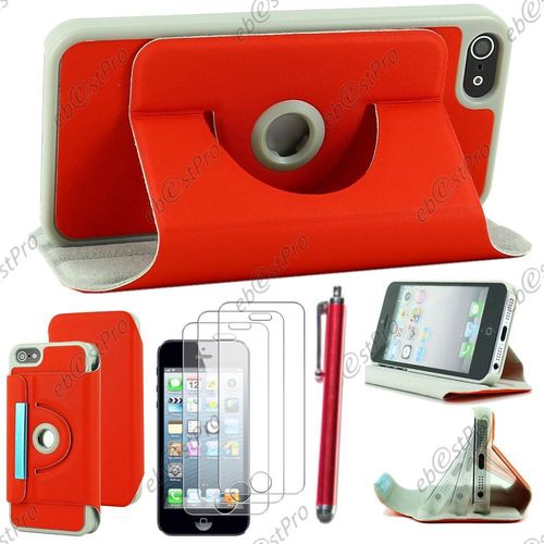 Ebeststar  Housse Coque Etui Pu Cuir Rotatif Avec Support  Rotation 360 Pour Apple Iphone 5s, 5, Couleur Rouge + Stylet 3 Film