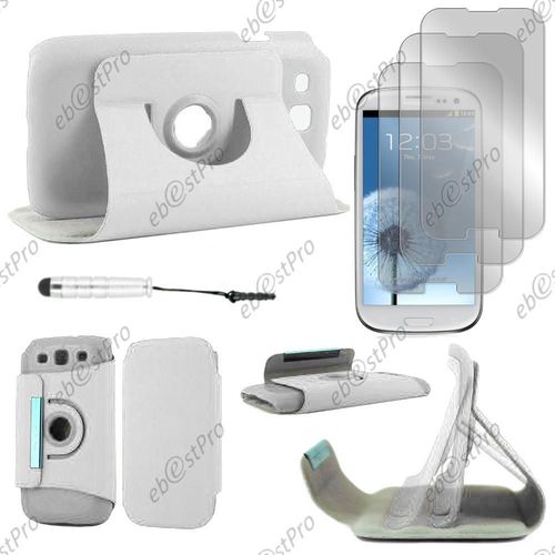 Ebeststar  Housse Coque Etui Pu Cuir Rotatif Avec Support  Rotation 360 Pour Samsung Galaxy S3 I9300 I9305, Couleur Blanc + Mini Stylet 3 Film